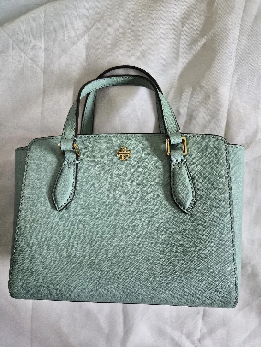 Tory Burch Light Blue Mini Saffiano Satchel with Gold Hardware